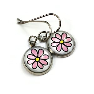 Cute pink daisy drop earrings, Hypoallergenic pure titanium for sensitive ears, Implant grade