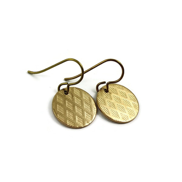 Gold circle dangle niobium earrings - Stainless harlequin pattern drop earrings