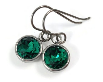Emerald titanium drop earrings, May birthstone, Implant grade jewelry, Sensitive ears