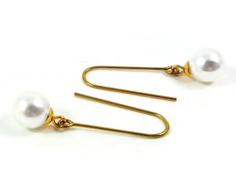 Minimalist pearl earrings, Hypoallergenic pure niobium jewelry, Gold dainty threader earrings