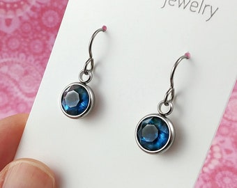 Blue rhinestone dangle earrings, Pure titanium and stainless steel jewelry, Blue faceted crystal drop earrings, Gift for her