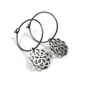 Chrysanthemum flower hoop earrings, Implant grade pure titanium jewelry for sensitive ears, Tarnish free