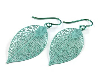 Aqua leaf niobium earrings, Hypoallergenic dangle earrings, Lightweight filigree jewelry for sensitive ears