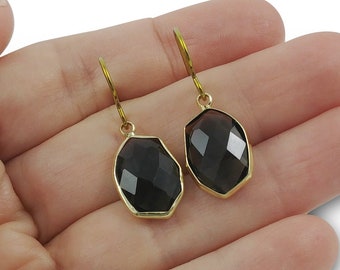 Black crystal dangle earrings, Gold wrapped crystal earrings, Faceted oval drop earrings, Nickel free jewelry