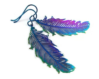 Rainbow feather dangle earrings - Hypoallergenic blue niobium earrings, Filigree boho drop earrings