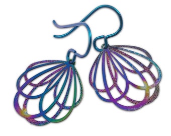 Flower niobium earrings, Rainbow filigree drop earrings, Lightweight floral earrings