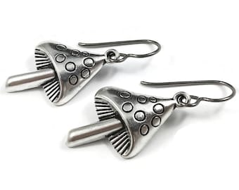 Silver mushroom earrings, Cottagecore dangle earrings, Fun fairy earrings, Hypoallergenic titanium jewelry