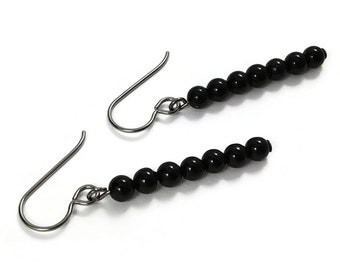 Black agate dangle earrings - Pure titanium or niobium jewelry - Minimalist gemstone bar earrings