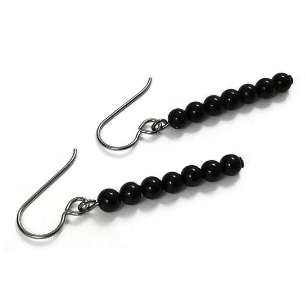 Black agate dangle earrings - Pure titanium or niobium jewelry - Minimalist gemstone bar earrings