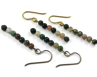 Indian agate dangle earrings - Pure titanium or niobium jewelry - Minimalist green gemstone bar earrings