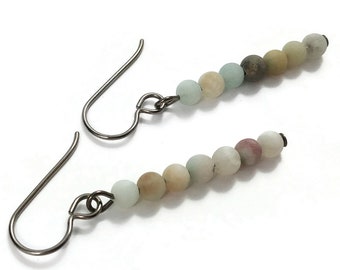 Amazonite dangle earrings - Pure titanium or niobium jewelry - Minimalist gemstone bar earrings