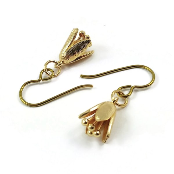 Gold plated bell flower drop earrings - Pure niobium hypoallergenic nickel free jewelry