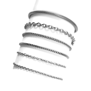 Surgical steel chain bracelet, Hypoallergenic, Waterproof non tarnish, Cable Snake Figaro Wheat Venetian