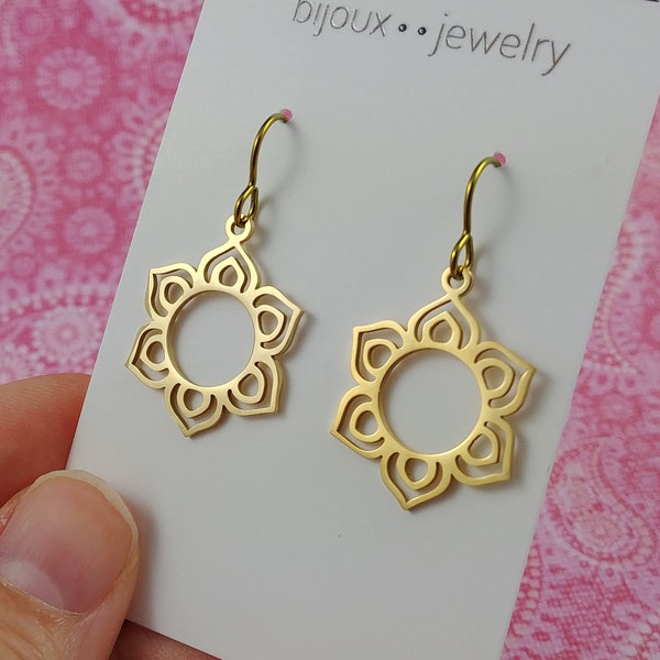 Mandala flower dangle earrings, Gold niobium hypoallergenic jewelry, Simple zen floral earrings