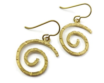Gold vortex dangle earrings, Hypoallergenic nickel free niobium jewelry, Raw brass modern spiral, Unique gift for her