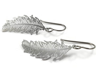 Silver feather pure titanium earrings, Hypoallergenic jewelry for sensitive ears, Tarnish free & waterproof