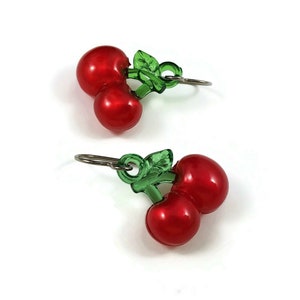 Red cherry earrings, Pure titanium drop earrings, Fun fruit jewelry gift