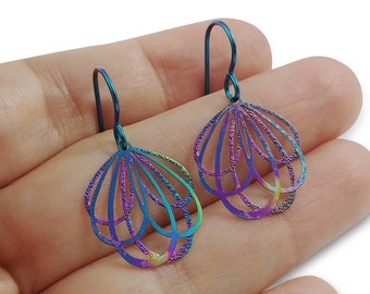 Flower niobium earrings, Rainbow filigree drop earrings, Lightweight summer earrings