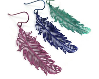 Feather niobium earrings, Hypoallergenic niobium jewelry, Colorful filigree dangle earrings