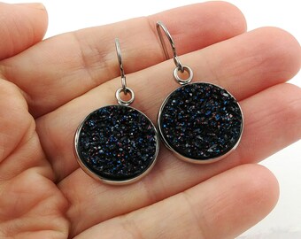 Midnight black druzy dangle earrings - Hypoallergenic pure titanium, stainless steel and acrylic druzy jewelry