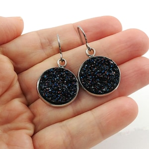 Midnight black druzy dangle earrings - Hypoallergenic pure titanium, stainless steel and acrylic druzy jewelry