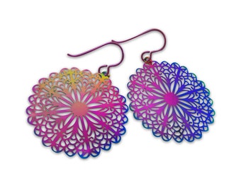 Rainbow filigree flower drop dangle niobium earrings - Hypoallergenic rosacea earrings