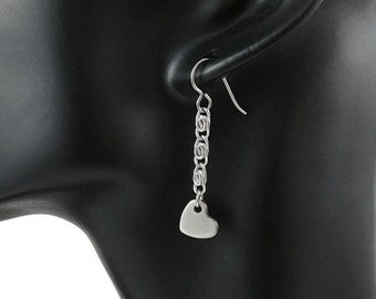 Heart chain dangle earrings, Hypoallergenic titanium and stainless steel jewelry, Long silver earrings, Cute gift for her