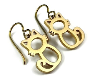 Cute cat earrings, Pure niobium drop earrings, Hypoallergenic gold earrings, Pet lovers fun gift