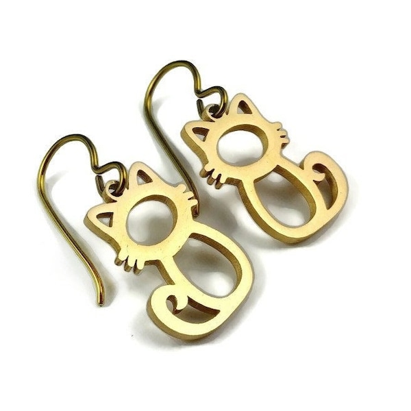 Cute cat earrings, Pure niobium drop earrings, Hypoallergenic gold earrings, Pet lovers fun gift