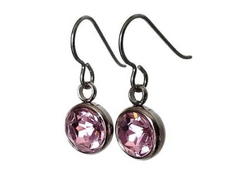 Pink crystal drop earrings, Titanium and stainless steel jewerly, Rhinestone faceted dangle earrings, Cute gift for her