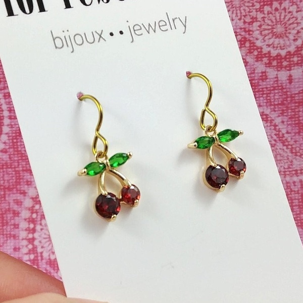 Dainty cherry earrings, Pure niobium earrings, Real 18K gold plated, Nickel free fruit jewelry