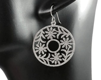 Silver round dangle earrings, Pure titanium floral jewelry, Glitter statement earrings, Lightweight stainless steel earrings