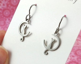 Dainty cat and moon earrings, Pure titanium silver earrings, Cute gift for her, Cat lover jewelry