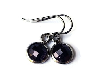 Purple glitter drop earrings, Hypoallergenic pure titanium jewelry, Dainty resin cabochon earrings, Everyday simple earrings
