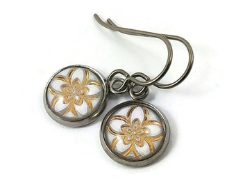 Hypoallergenic titanium earrings, Dainty flower drop earrings, Lightweight white and gold womens jewelry