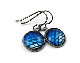 Blue mermaid dangle earrings, Hypoallergenic pure titanium jewelry, Dragon scale anime earrings, Fun girlfriend gift