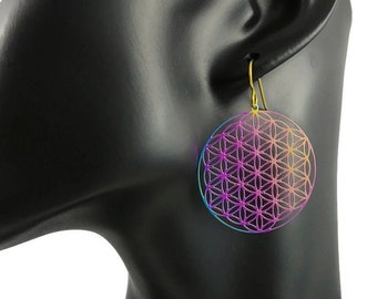 Flower of life earrings, Rainbow filigree dangle earrings, Lightweight statement earrings, Hypoallergenic niobium jewelry