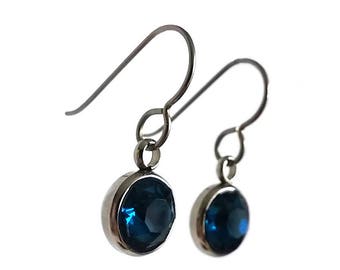 Blue rhinestone faceted dangle earrings - Pure titanium, stainless steel and rhinestone