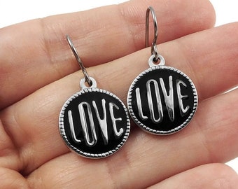 Enamel love earrings, Hypoallergenic pure titanium and stainless steel jewelry, Black dangle earrings, Girlfriend gift