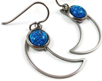 Crescent moon earrings, Silver titanium and stainless jewelry, Blue glitter resin drop earrings, Celestial birthday gift