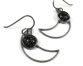 Celestial moon dangle earrings, Black glitter resin earrings, Pure titanium and stainless steel jewelry, Crescent moon phase earrings