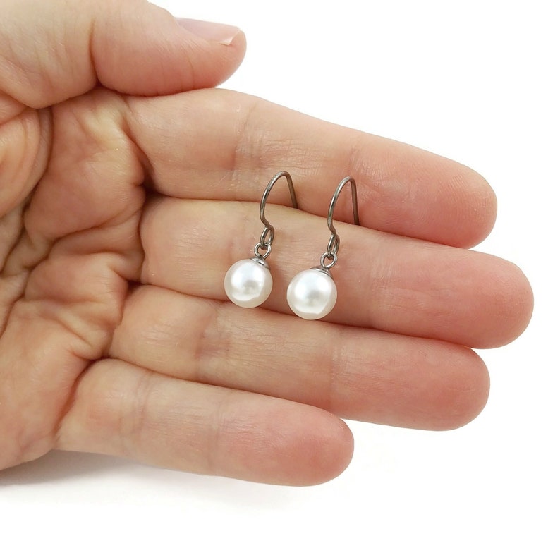 Minimalist pearl drop earrings, Hypoallergenic pure titanium jewelry, Implant grade safe for sensitive ears image 1