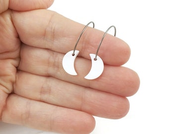 Pearl white moon hoop earrings, Hypoallergenic pure titanium jewelry, Implant grade safe for sensitive ears