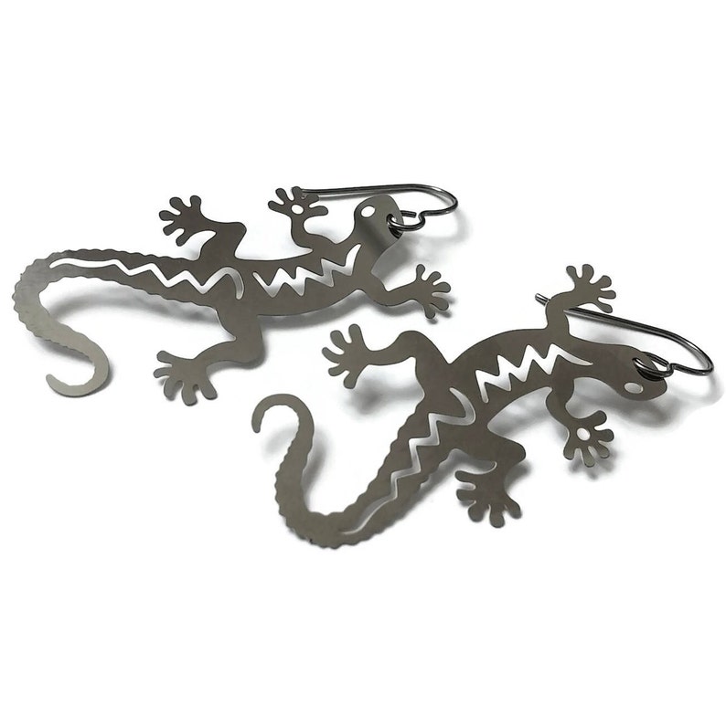 Silver Gecko dangle earrings Pure titanium and stainless steel image 2