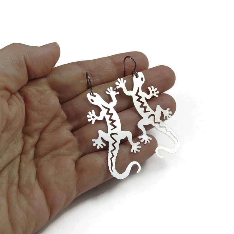Silver Gecko dangle earrings Pure titanium and stainless steel image 3