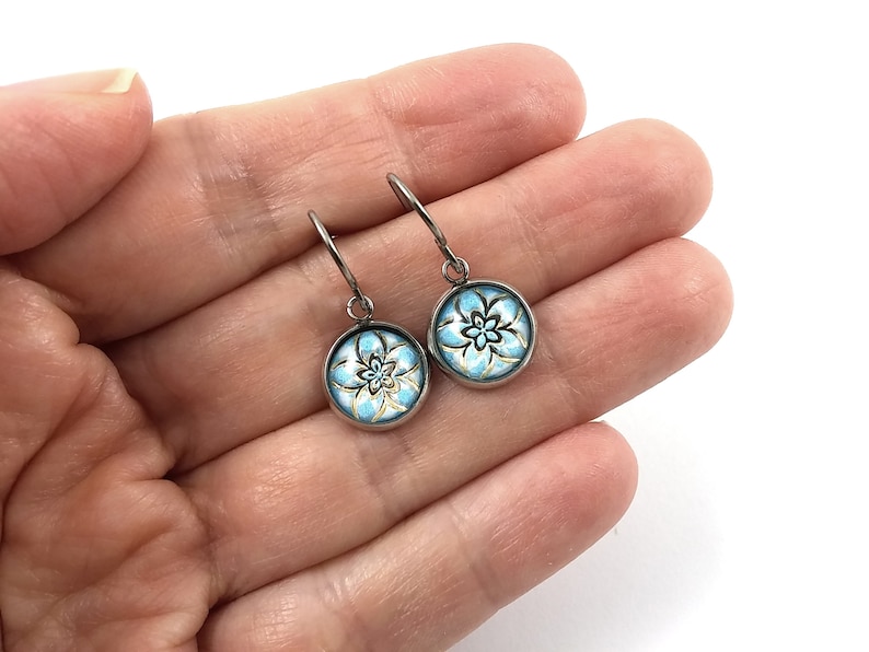 Aqua and gold winter flower dangle earrings Hypoallergenic pure titanium stainless steel and acrylic jewelry