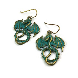 Dragon dangle earrings, Nickel free niobium jewelry, Fantasy women gift Green