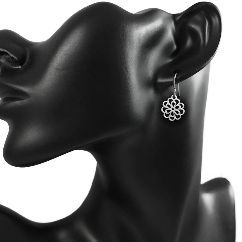 Chrysanthemum flower earrings, Dainty floral drop earrings, Implant grade pure titanium earrings, Tarnish free image 3