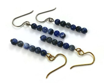 Blue sodalite dangle earrings - Pure titanium or niobium jewelry - Minimalist gemstone bar earrings