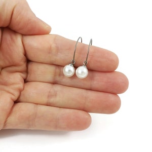 Minimalist pearl drop earrings, Hypoallergenic pure titanium jewelry, Implant grade safe for sensitive ears image 8